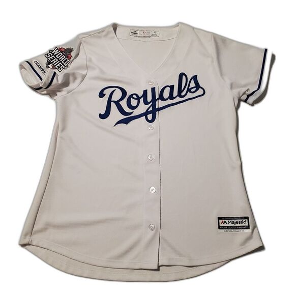 2015 WORLD SERIES PATCH KANSAS CITY ROYALS MAJESTIC MLB WHITE EMBROIDERED JERSEY - Picture 1 of 9